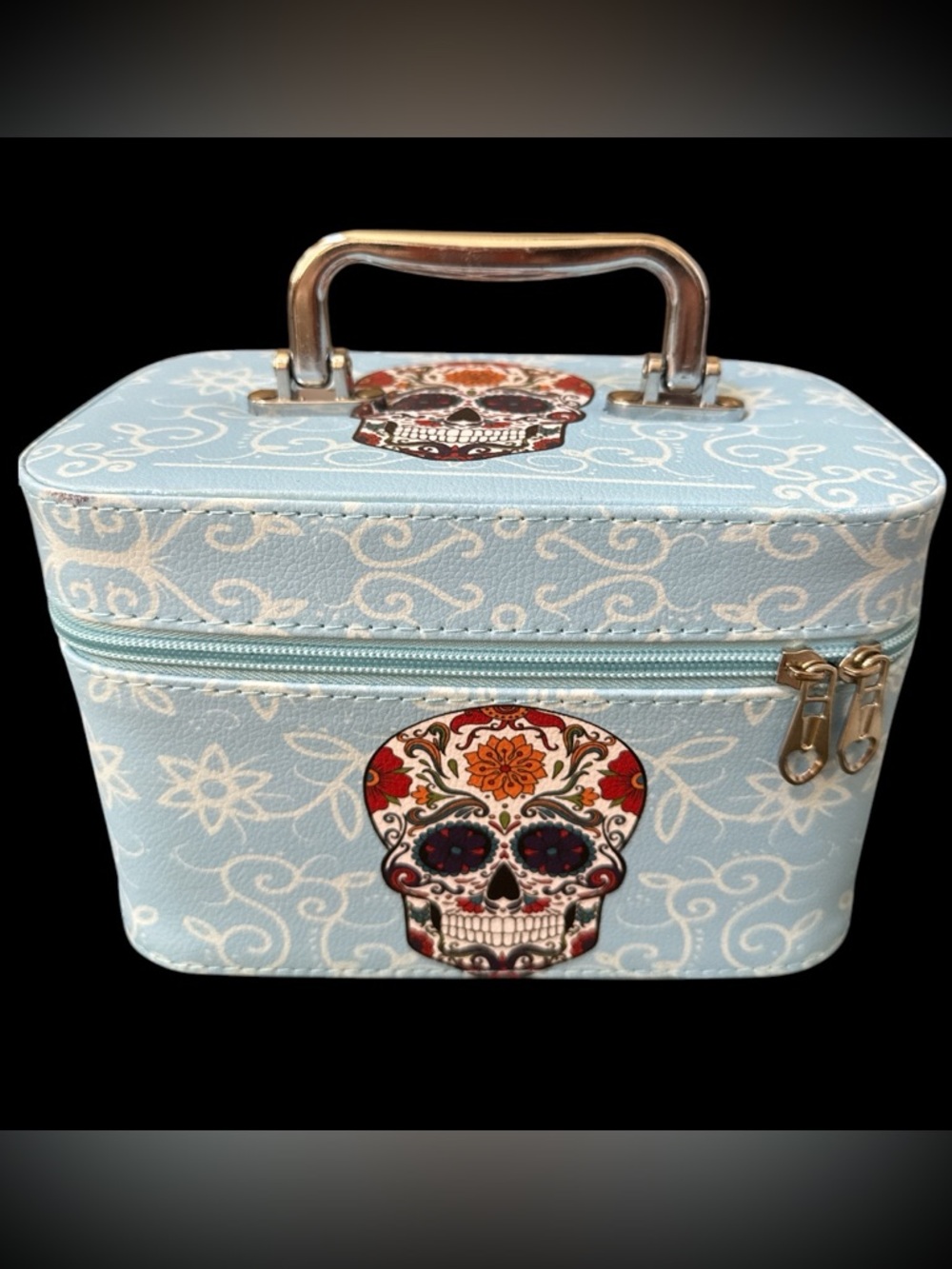 Light Blue Sugar Skull Cosmetic Zip Close  Train Case with Interior Mirror